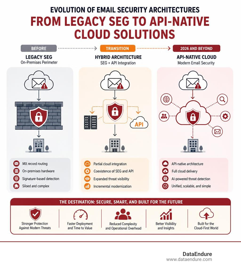 Evolution of email security architectures from legacy SEG to API-native cloud solutions in 2026 infographic Evolution of email security architectures from legacy SEG to API-native cloud solutions in 2026 infographic