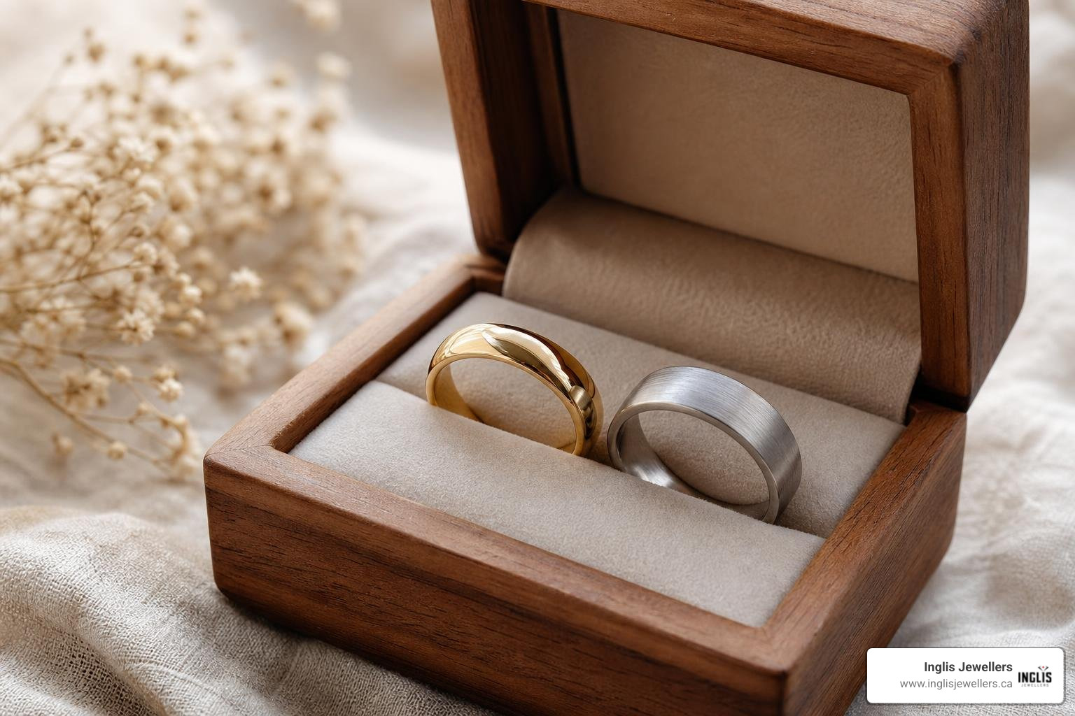 Ethically sourced gold and recycled platinum wedding bands in a natural wood box