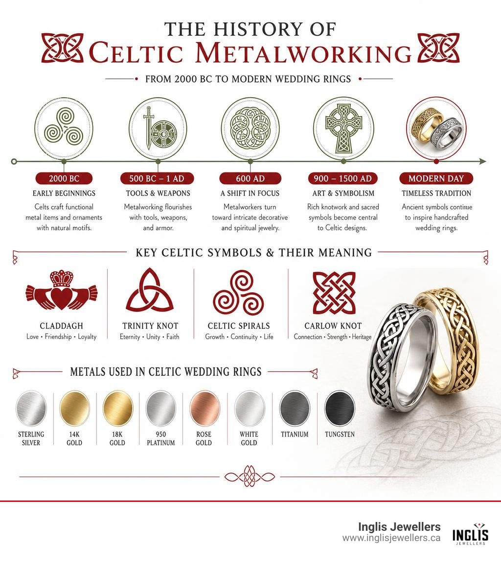 History of Celtic metalworking from 2000 BC to modern wedding rings, key symbols and metals infographic