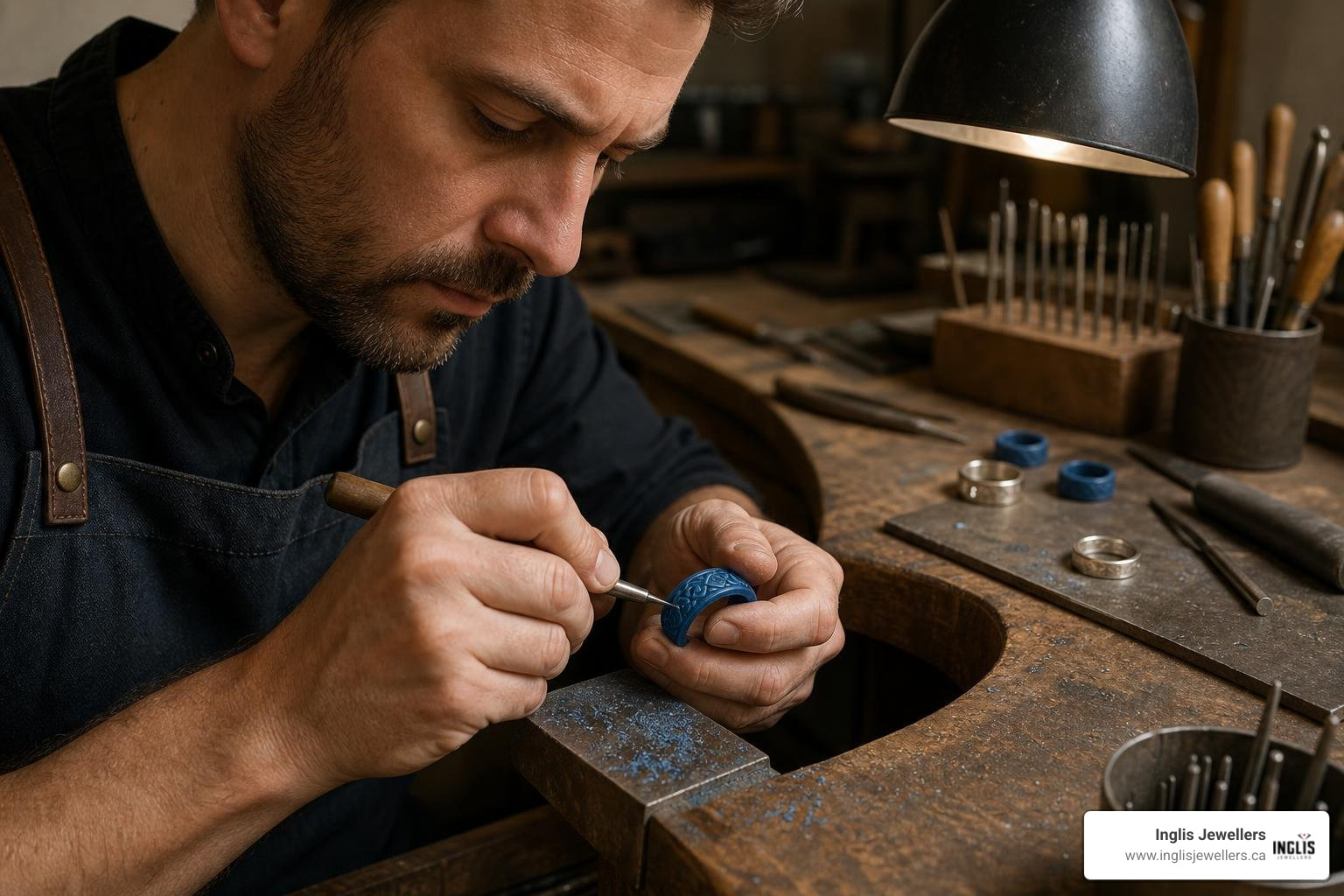Artisan jeweler hand-carving a custom Celtic wedding band out of wax