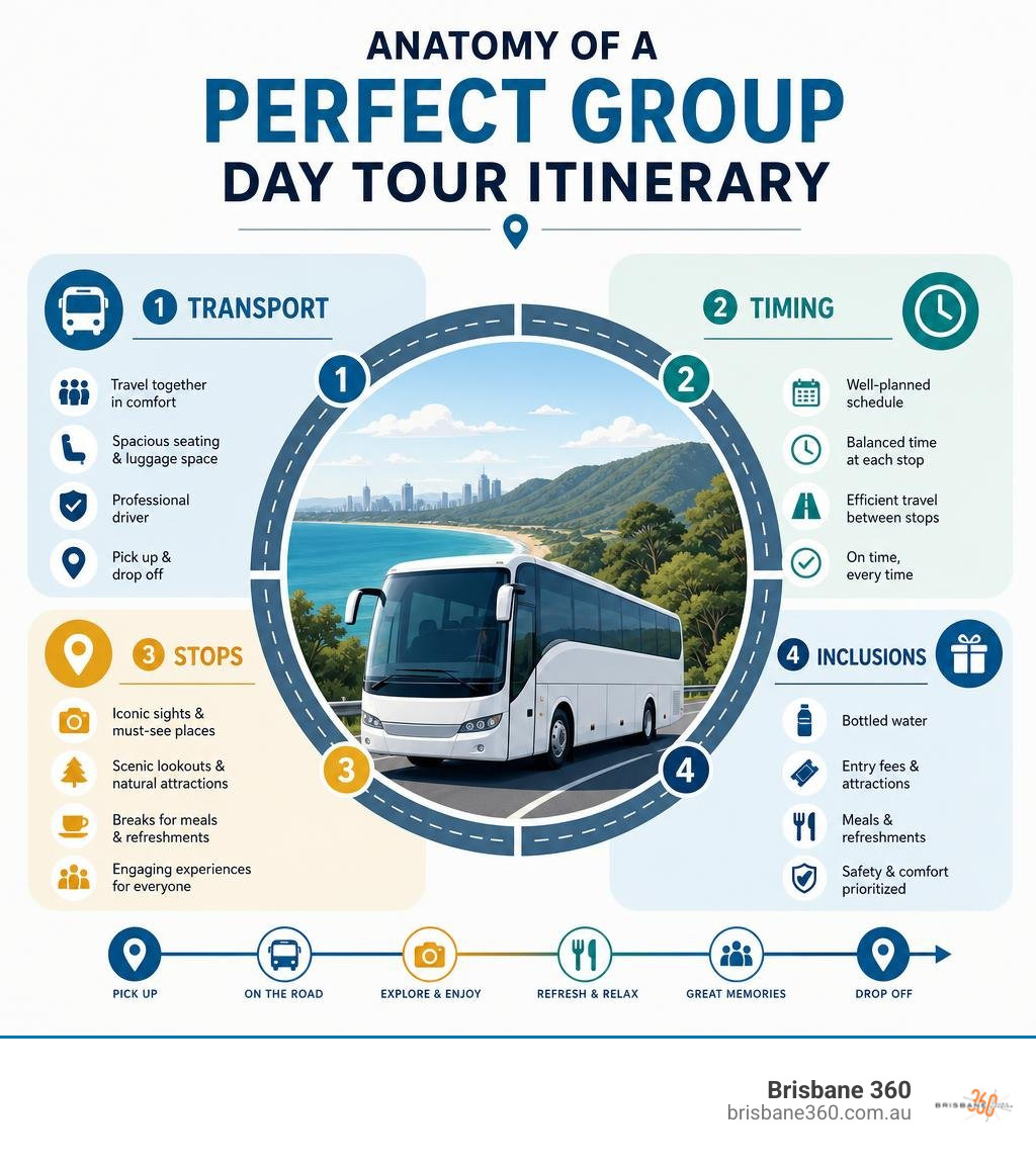 Anatomy of a perfect group day tour itinerary showing transport, timing, stops, and inclusions infographic