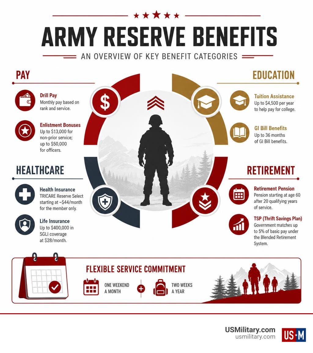 Overview infographic of Army Reserve benefits categories including pay, education, healthcare, and retirement infographic