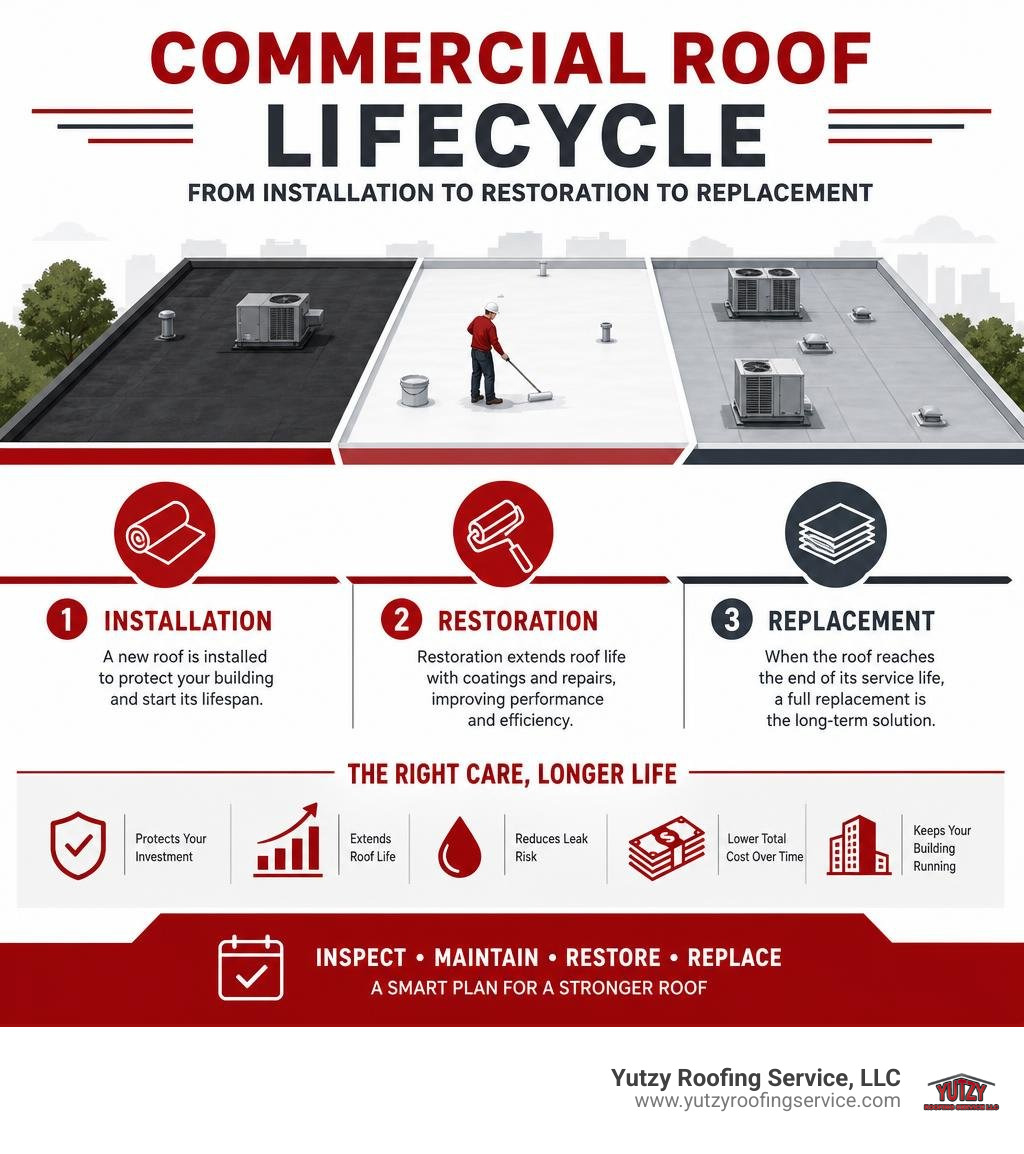 Commercial roof lifecycle from installation to restoration to replacement infographic infographic Commercial roof lifecycle from installation to restoration to replacement infographic infographic