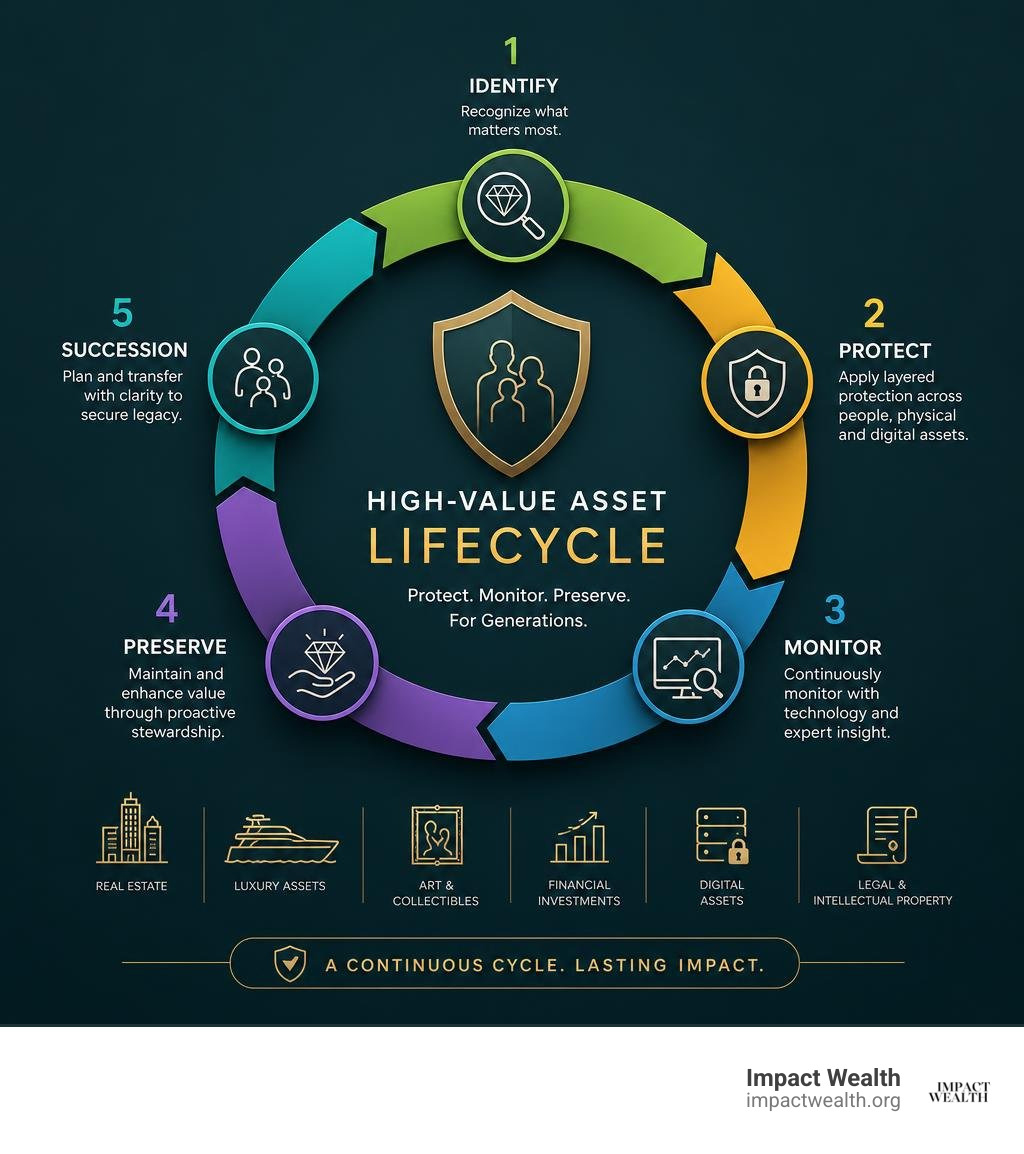 High-value asset lifecycle from identification to preservation, monitoring, and succession infographic