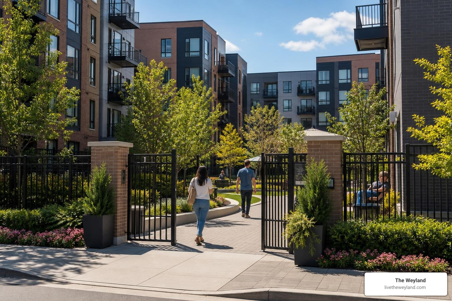 Secure urban courtyard with controlled access gates