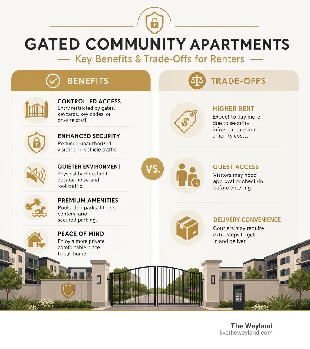 Key benefits and trade-offs of gated community apartments for renters infographic