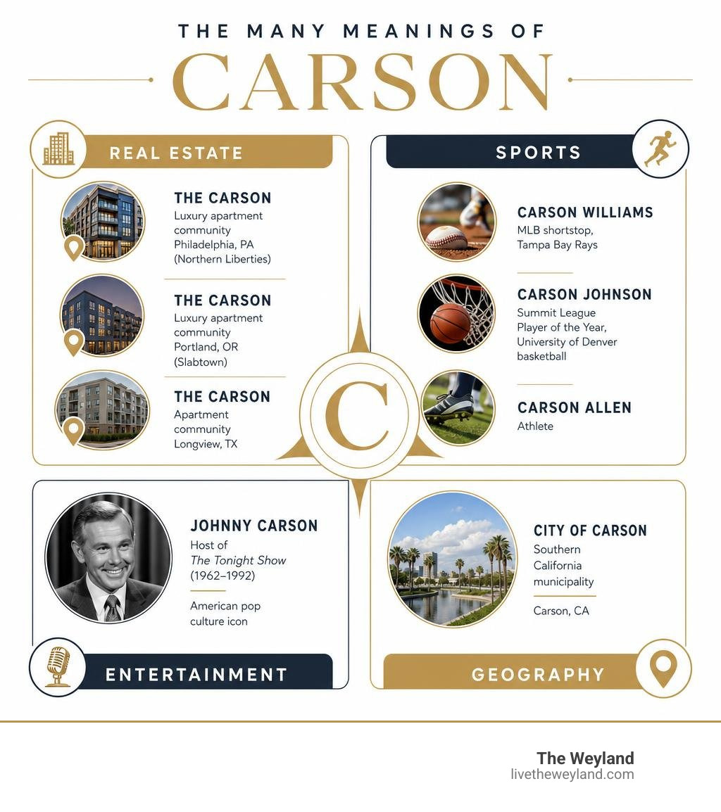 Overview infographic of all major meanings of the name Carson across real estate, sports, entertainment, and geography