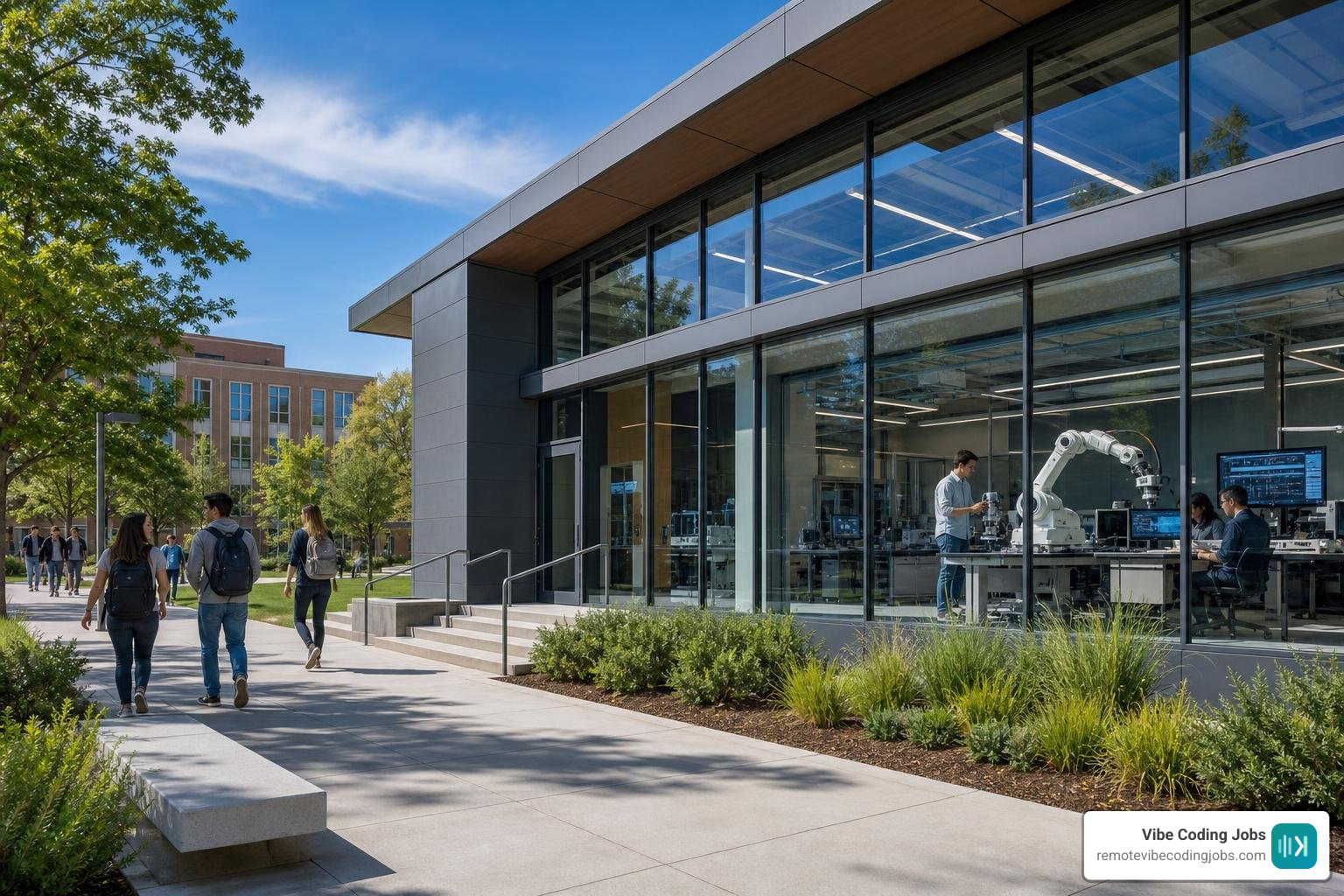 A modern university campus with an advanced AI and robotics research laboratory
