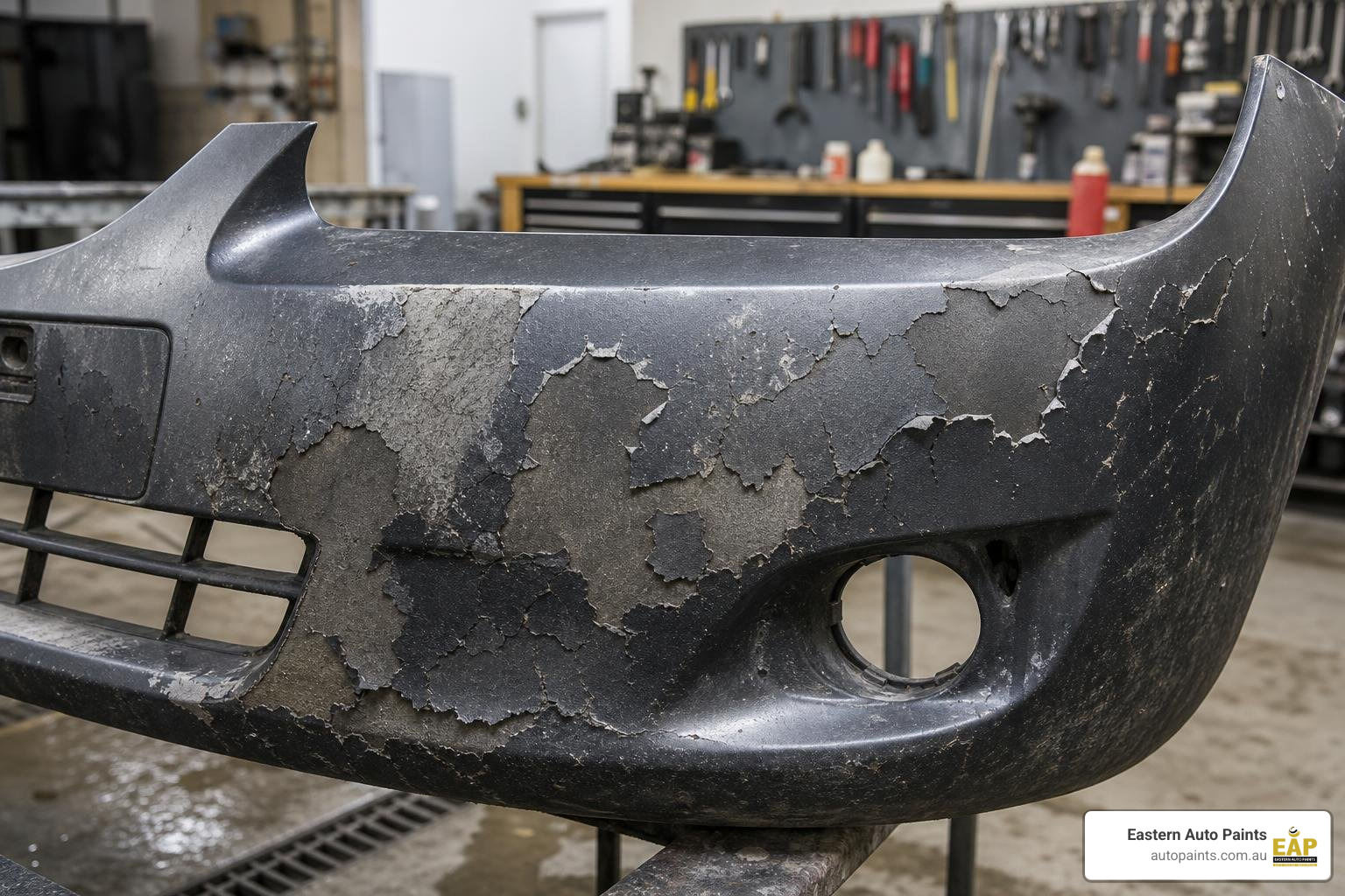 peeling paint on an unprepared plastic bumper