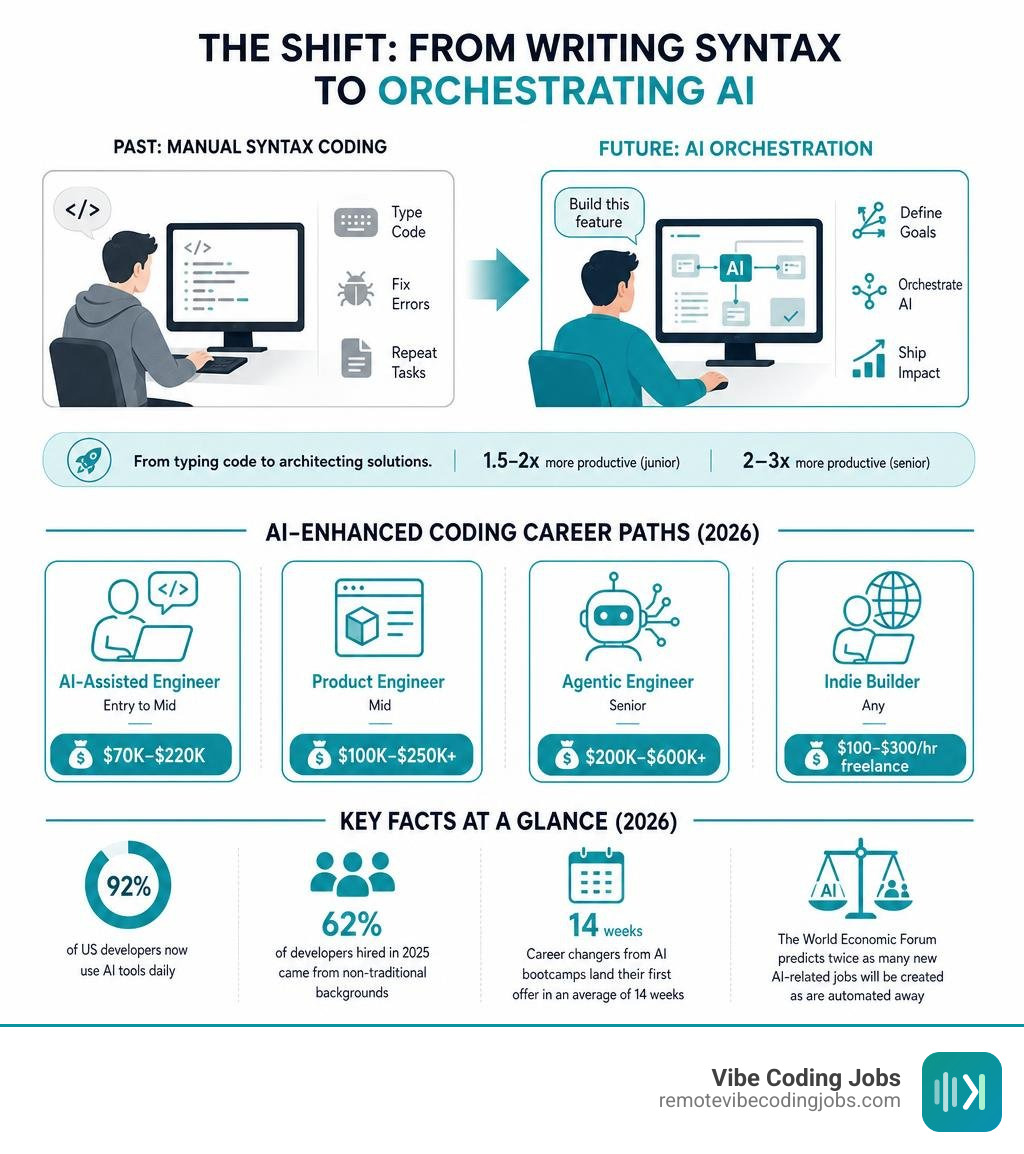 Infographic showing the shift from manual syntax coding to AI orchestration career paths and salary ranges infographic