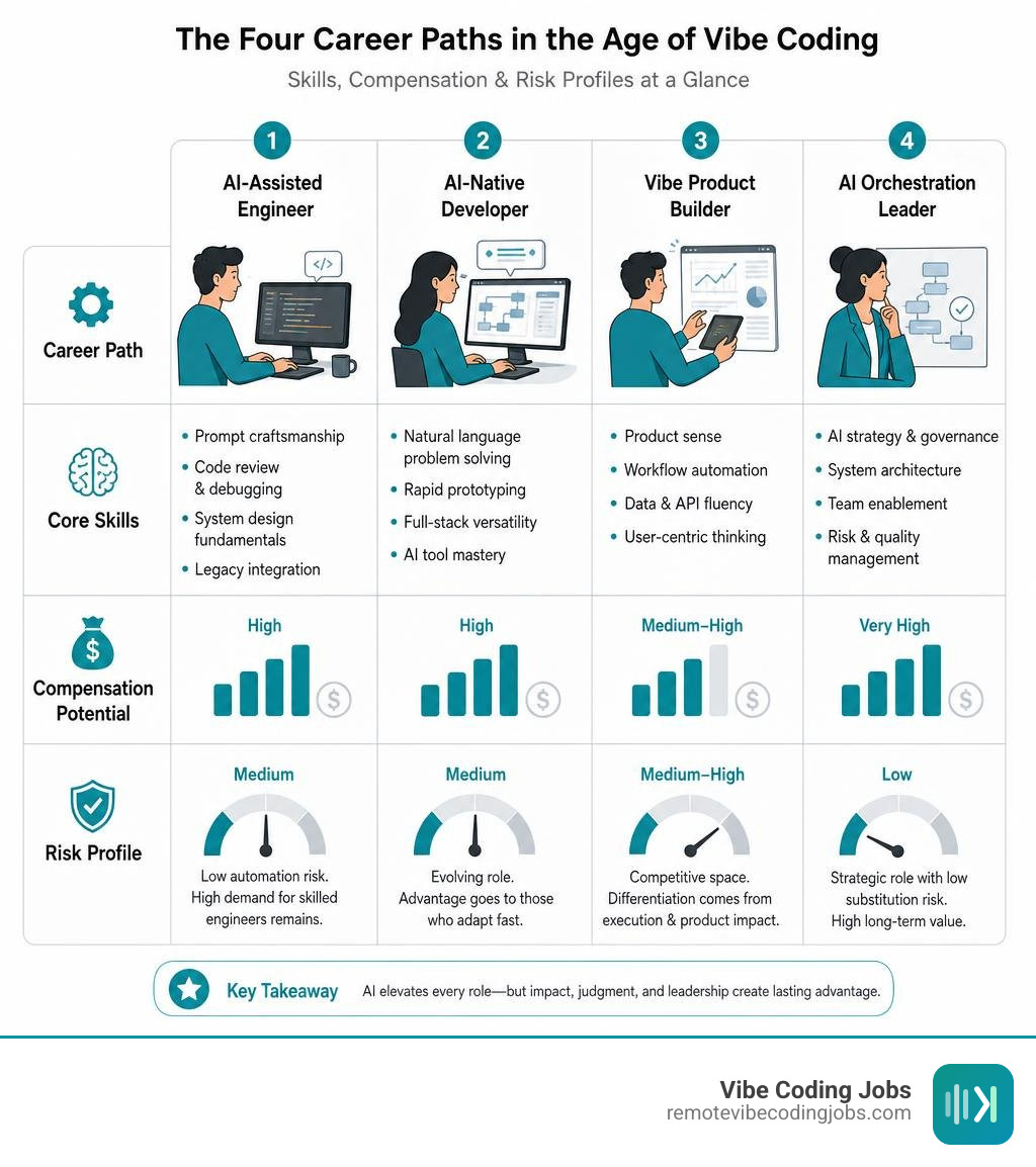 A table summarizing the skills, compensation, and risk profiles of the four vibe coding career paths infographic