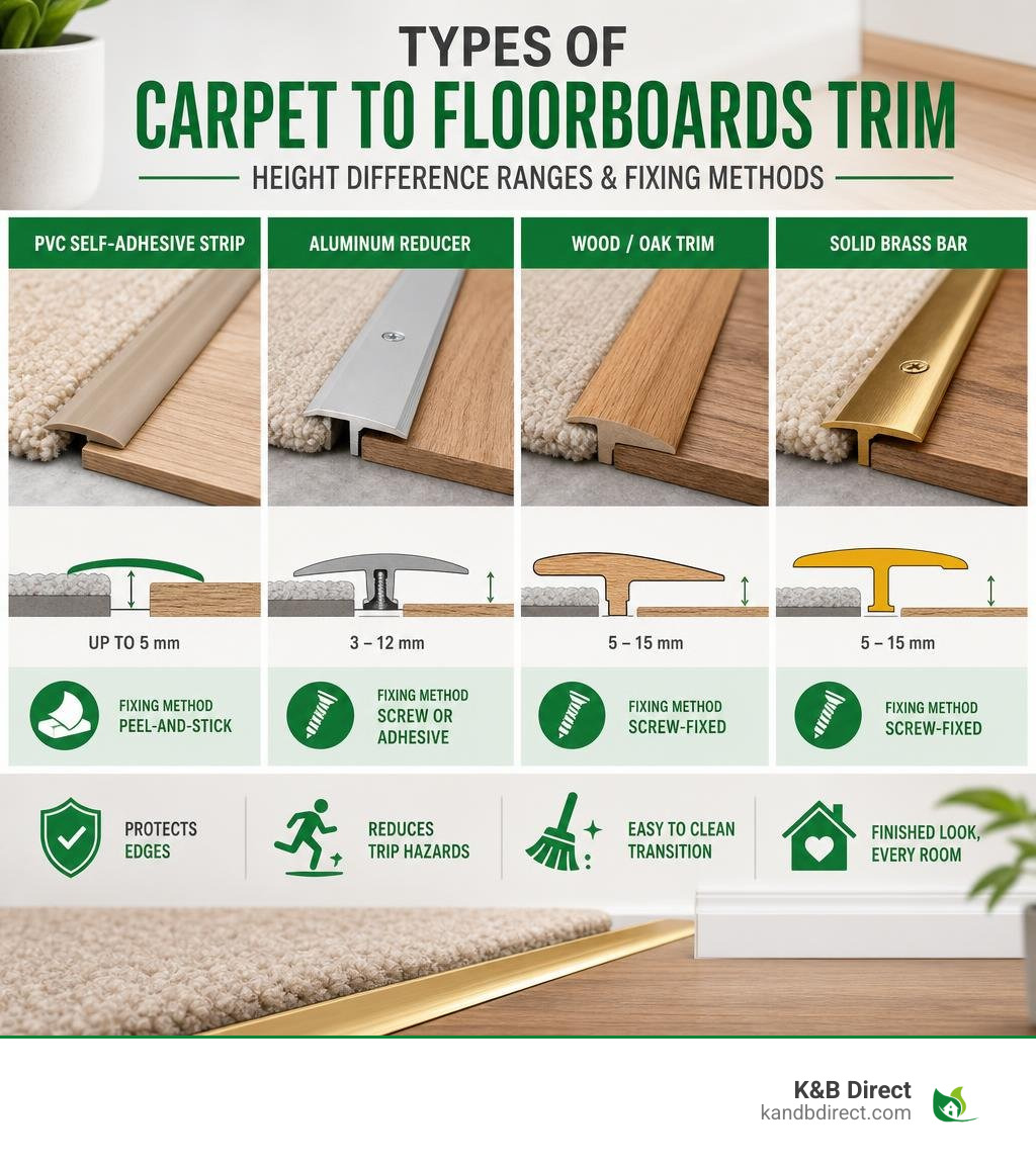 Types of carpet to floorboards trim with height difference ranges and fixing methods infographic