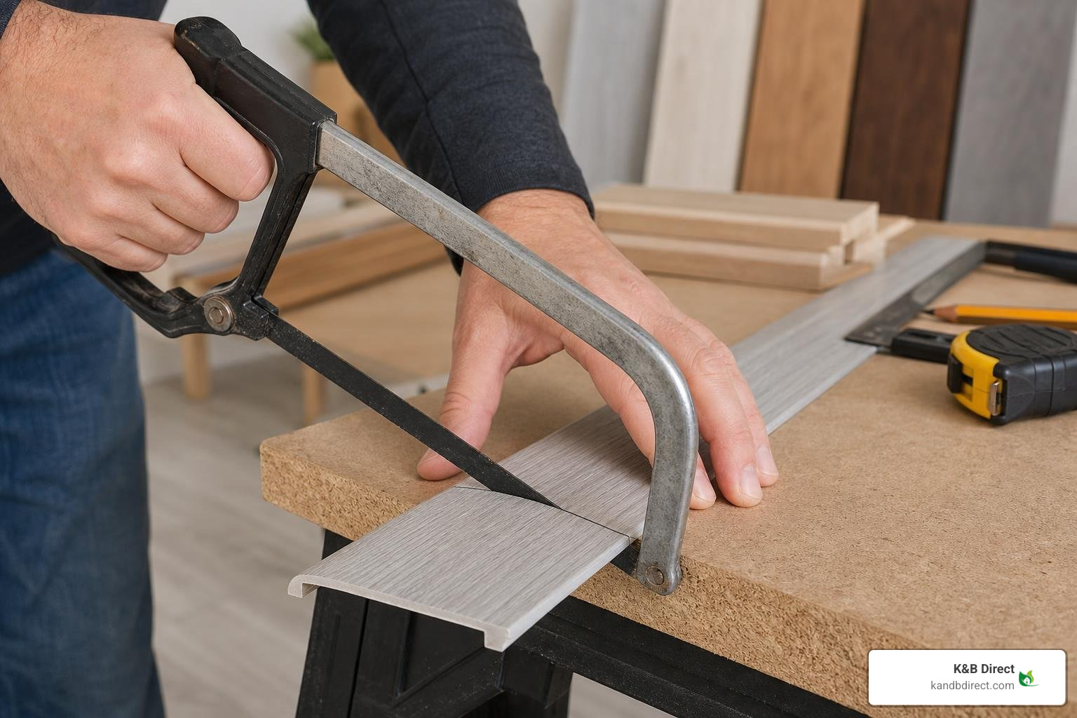 Cutting a transition strip with a marked straight line