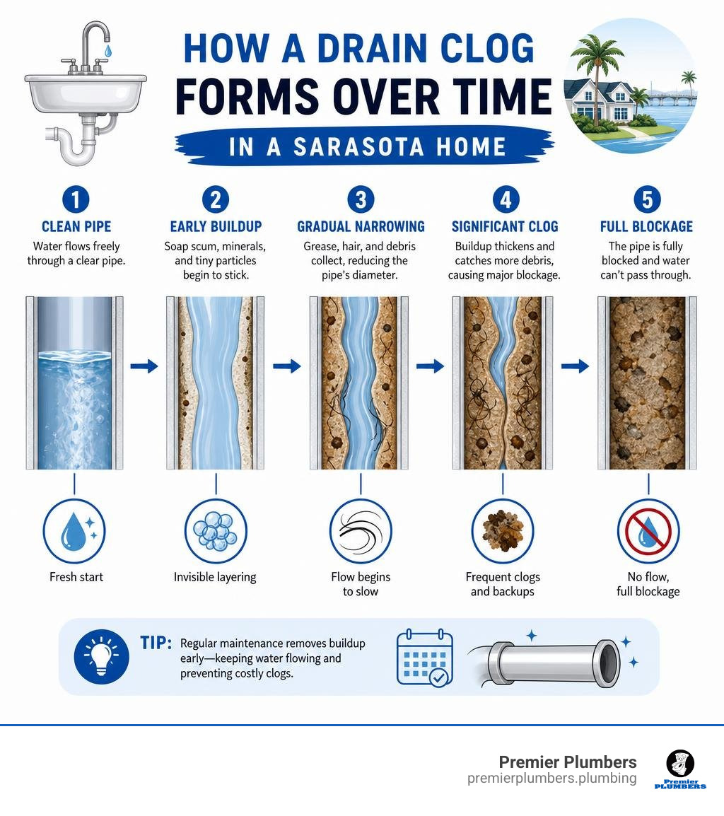 How a drain clog forms over time in a Sarasota home, from buildup to full blockage infographic How a drain clog forms over time in a Sarasota home, from buildup to full blockage infographic