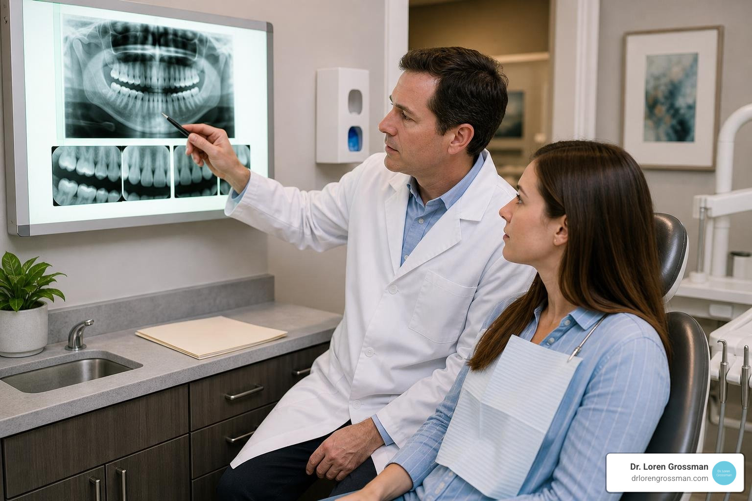 dentist examining patient dental X-rays to check for restorative needs dentist examining patient dental X-rays to check for restorative needs