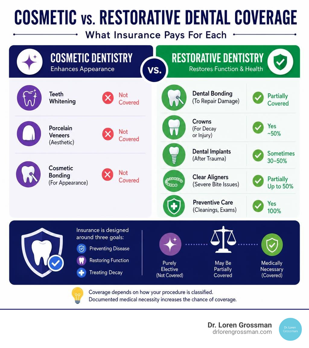 Infographic: cosmetic vs restorative dental coverage and what insurance pays for each infographic Infographic: cosmetic vs restorative dental coverage and what insurance pays for each infographic