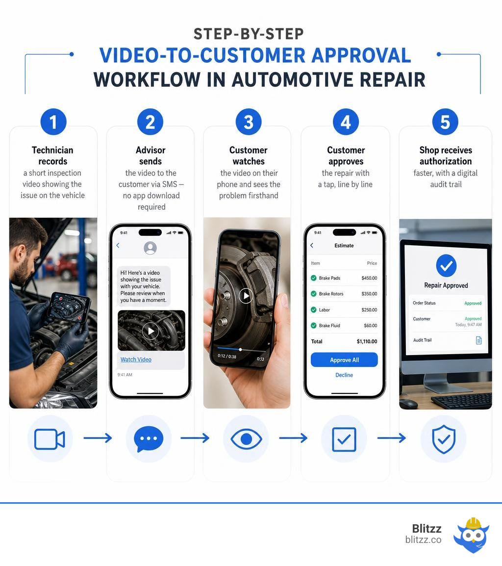 Step-by-step video-to-customer approval workflow in automotive repair infographic Step-by-step video-to-customer approval workflow in automotive repair infographic