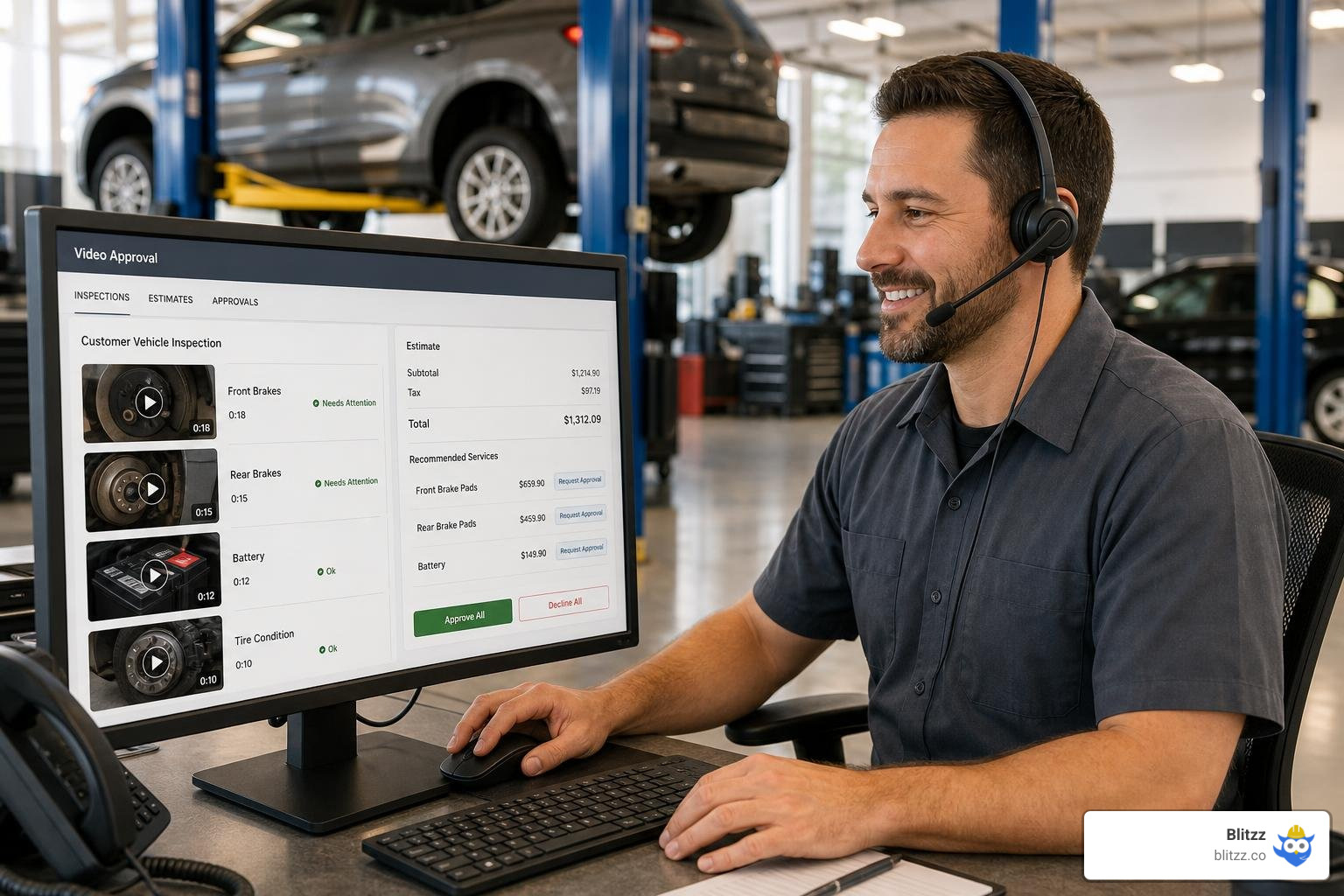 Service advisor reviewing a video approval dashboard Service advisor reviewing a video approval dashboard