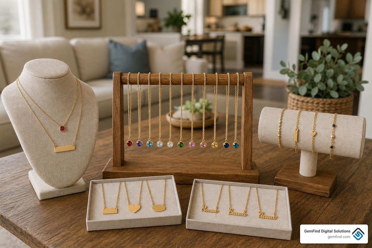 Curated jewelry display showcasing custom birthstone and personalized pieces Curated jewelry display showcasing custom birthstone and personalized pieces