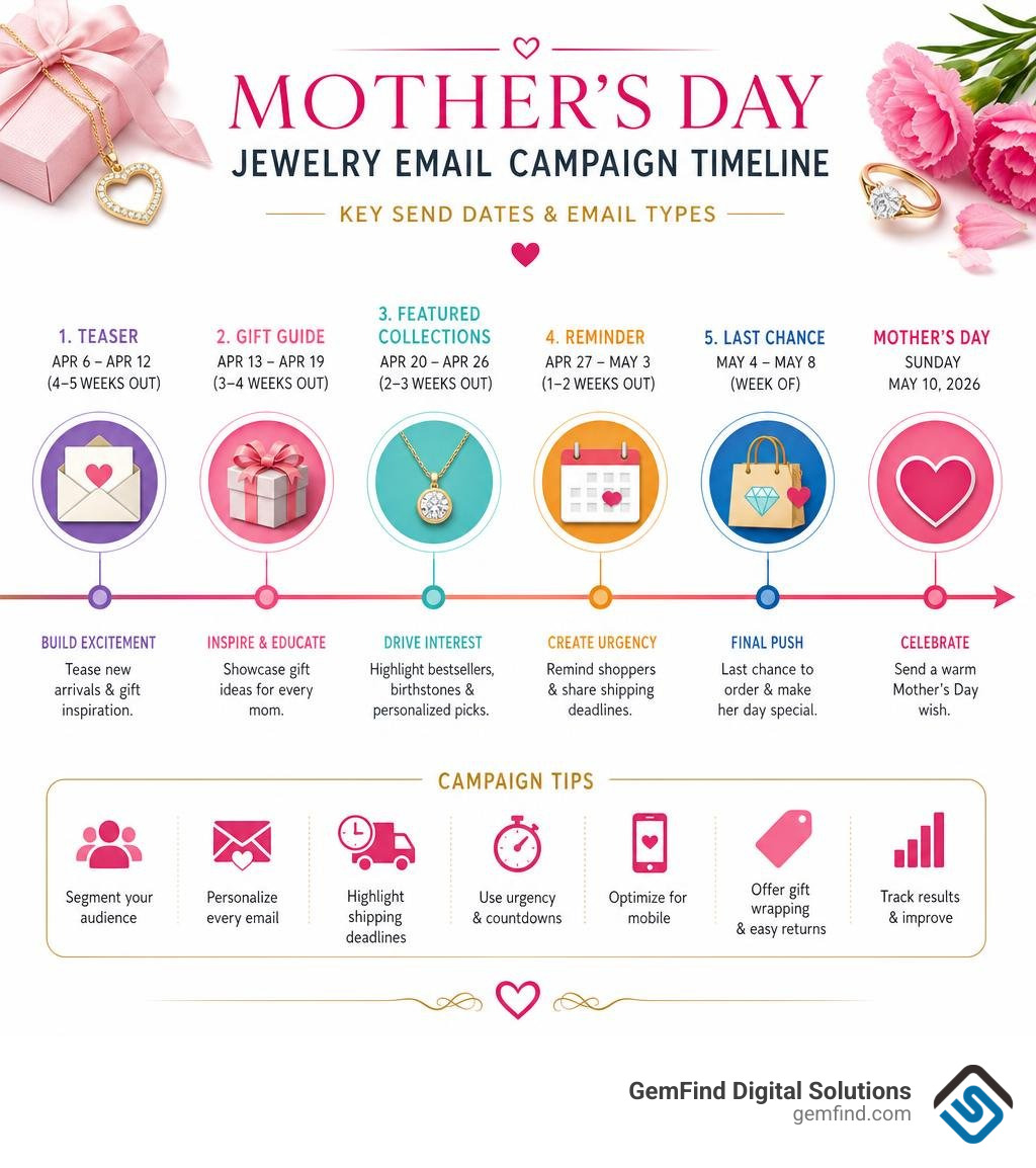 Mother's Day jewelry email campaign timeline infographic with key send dates and email types infographic Mother's Day jewelry email campaign timeline infographic with key send dates and email types infographic