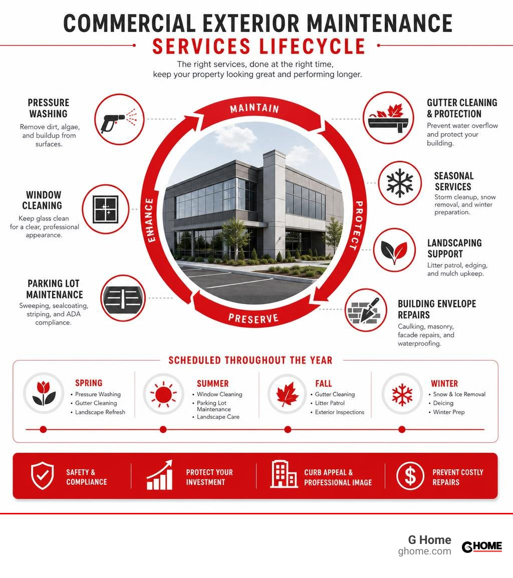 Commercial exterior maintenance services lifecycle infographic with key service categories and scheduling infographic Commercial exterior maintenance services lifecycle infographic with key service categories and scheduling infographic