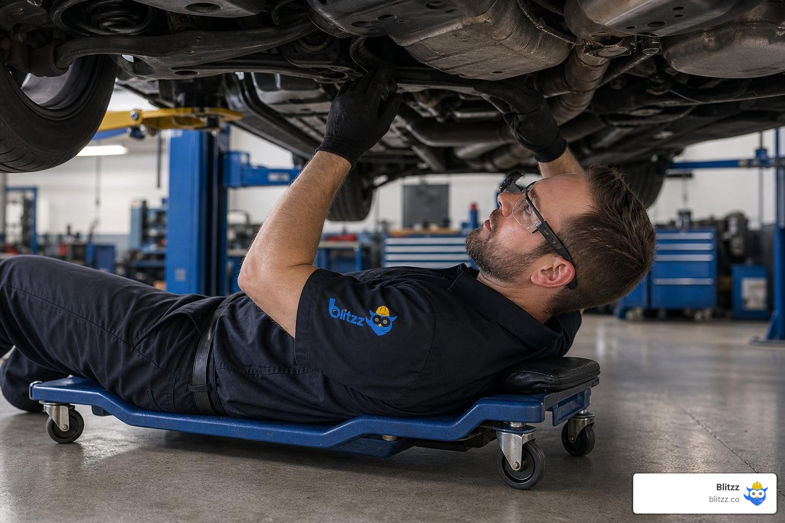Technician wearing smart glasses during an under-car inspection Technician wearing smart glasses during an under-car inspection