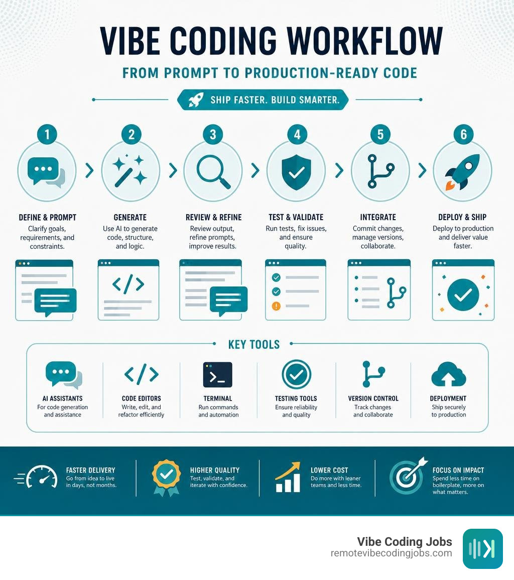 Vibe coding workflow: from prompt to production-ready code, key steps and tools infographic