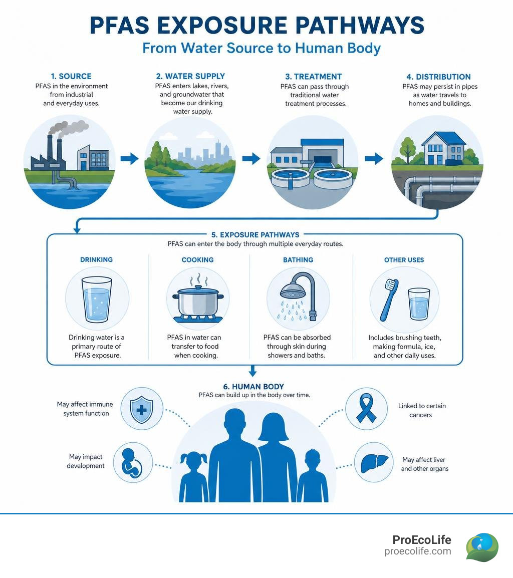 PFAS exposure pathways from water source to human body infographic infographic