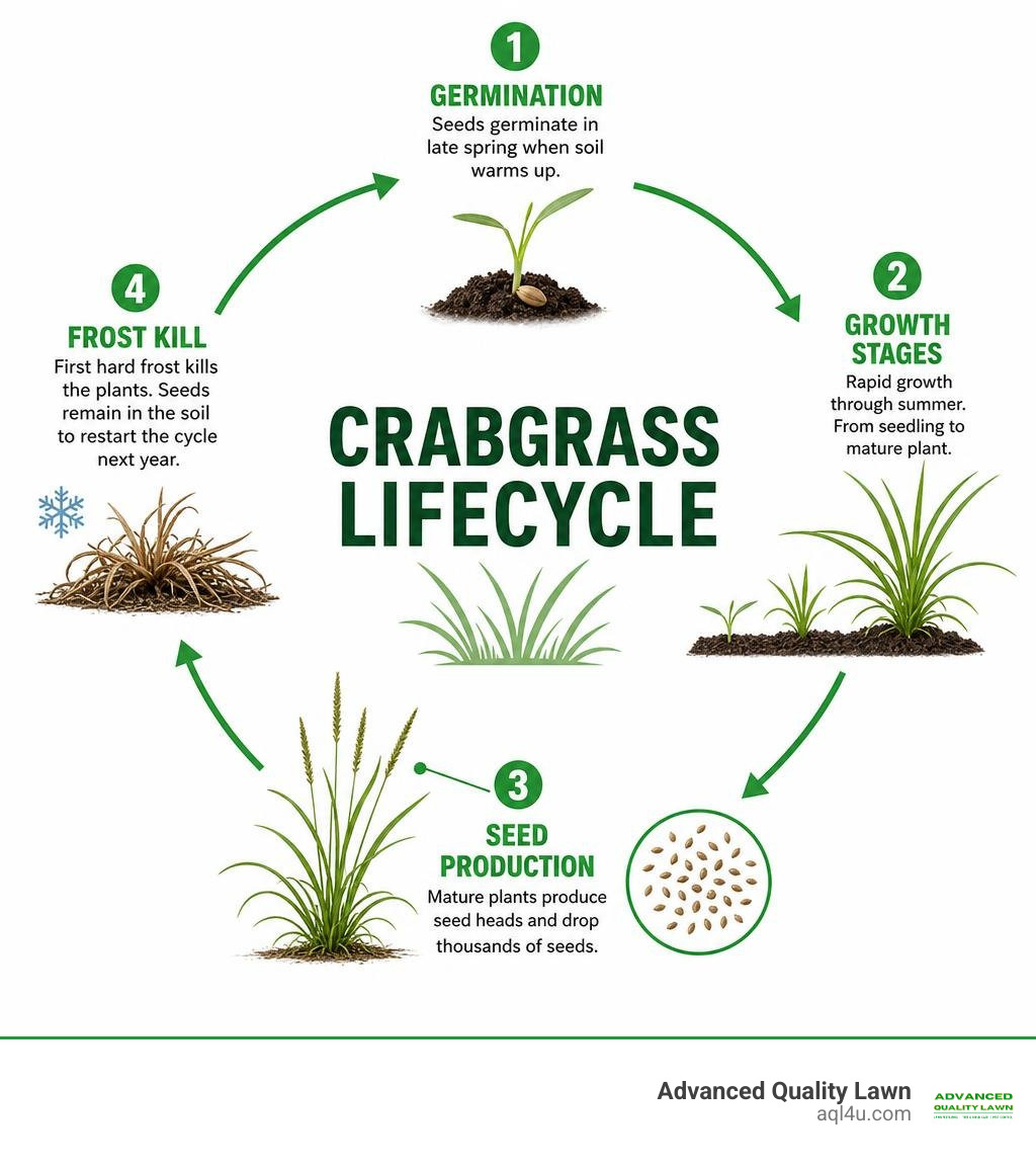 Crabgrass lifecycle infographic showing germination, growth stages, seed production, and frost kill infographic Crabgrass lifecycle infographic showing germination, growth stages, seed production, and frost kill infographic