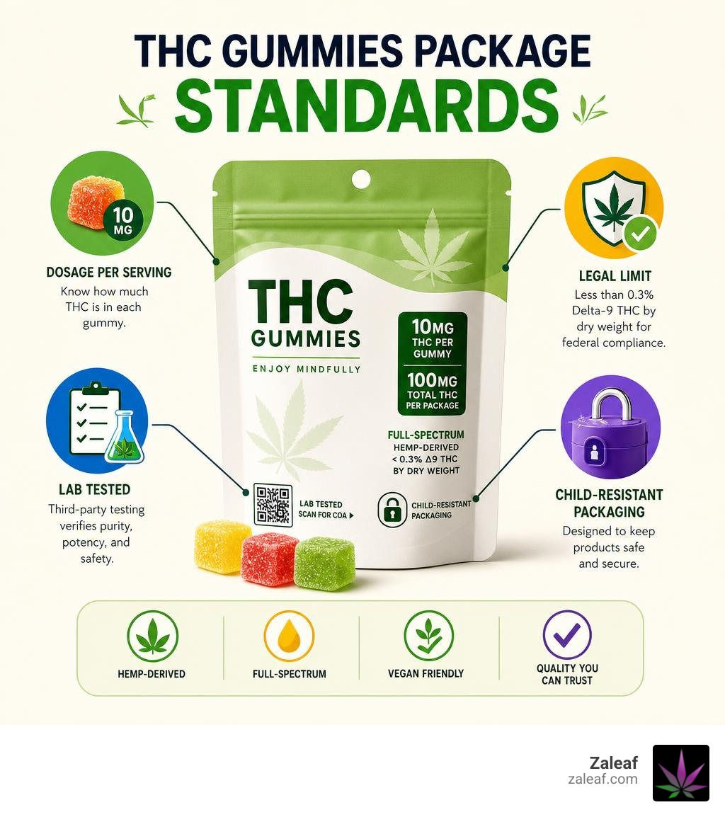Infographic showing THC gummies package standards: dosage, legal limits, lab testing, and child-resistant packaging Infographic showing THC gummies package standards: dosage, legal limits, lab testing, and child-resistant packaging
