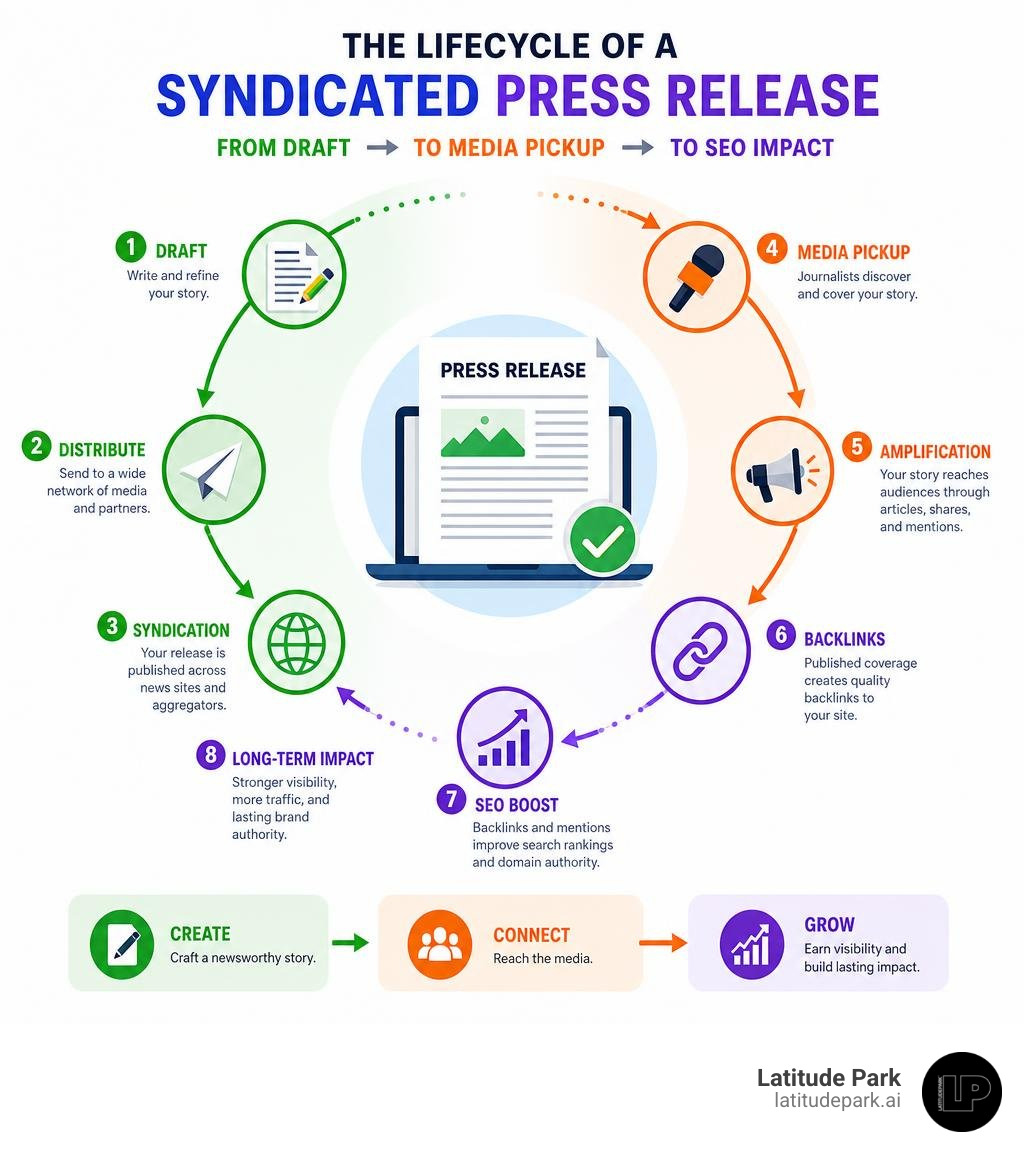 Lifecycle of a syndicated press release from draft to media pickup to SEO impact infographic