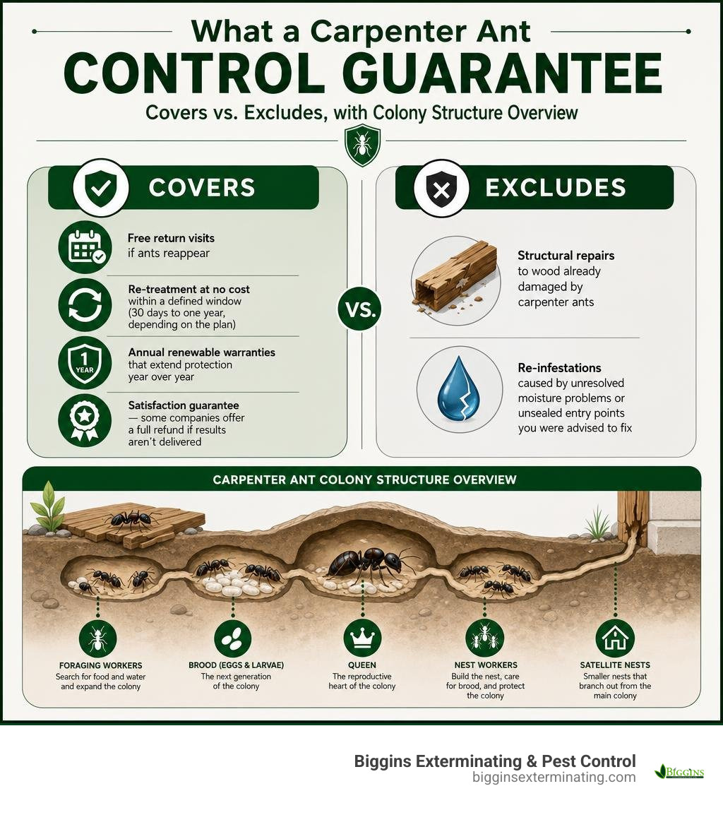What a carpenter ant control guarantee covers vs. excludes, with colony structure overview infographic