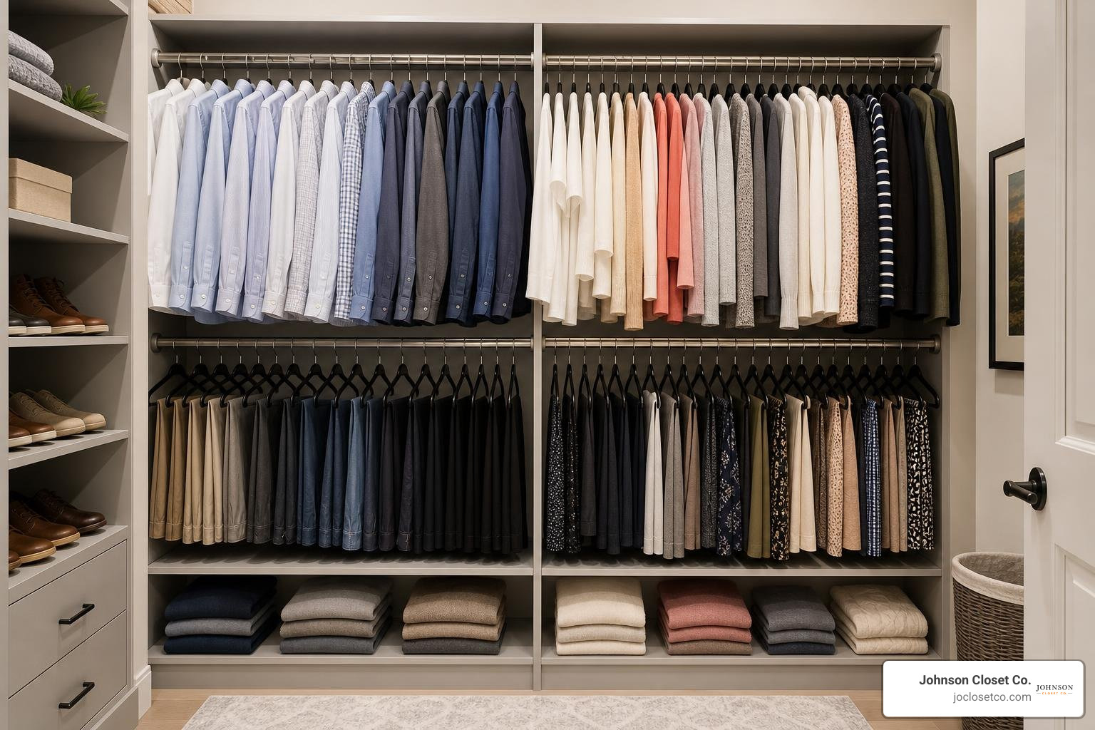 Custom shelves and double hanging rods maximizing vertical space Custom shelves and double hanging rods maximizing vertical space