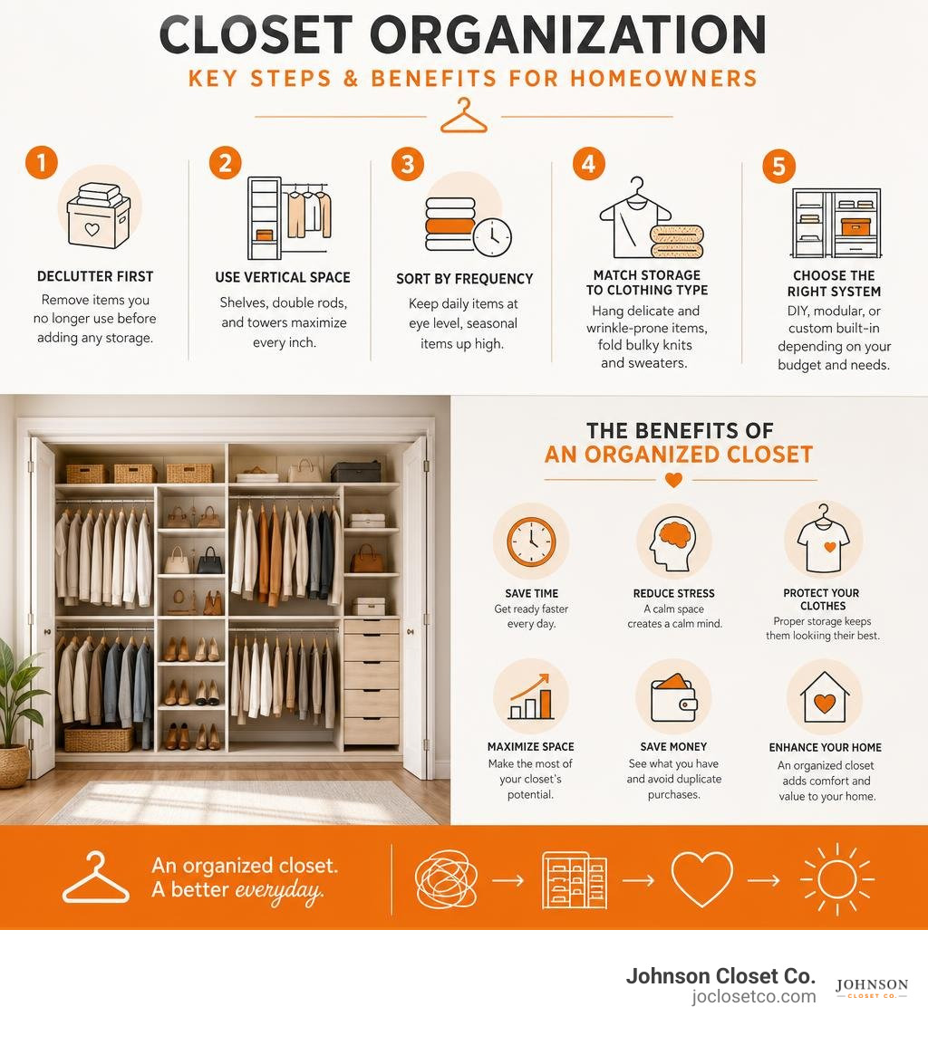 Key steps and benefits of closet organization for homeowners infographic Key steps and benefits of closet organization for homeowners infographic