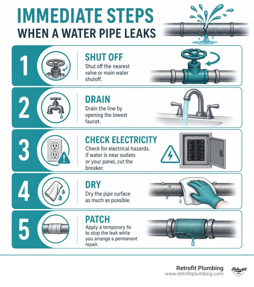 Immediate steps to take when a water pipe leaks — shut off, drain, check electricity, dry, patch infographic Immediate steps to take when a water pipe leaks — shut off, drain, check electricity, dry, patch infographic