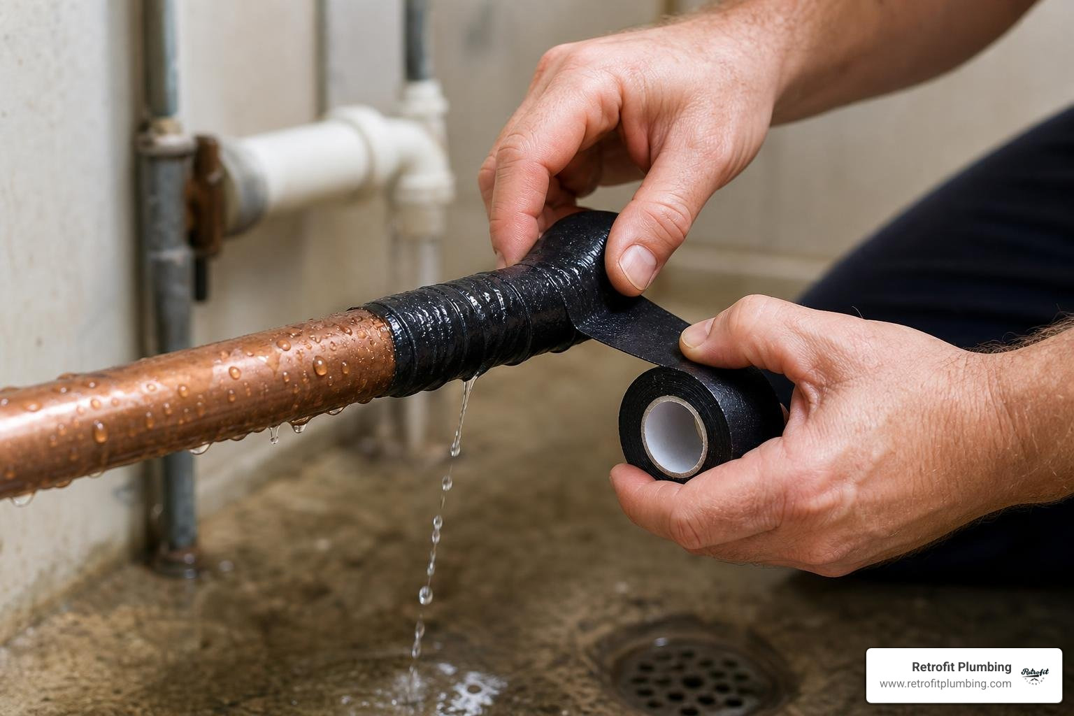 self-fusing silicone tape being wrapped around a leaking pipe self-fusing silicone tape being wrapped around a leaking pipe