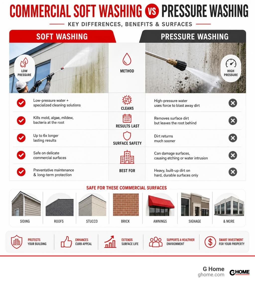 Infographic comparing commercial soft washing vs pressure washing key differences benefits and surfaces infographic Infographic comparing commercial soft washing vs pressure washing key differences benefits and surfaces infographic