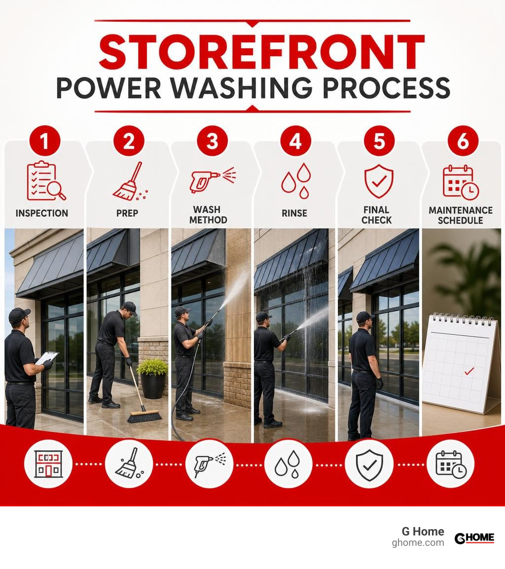 Storefront power washing process: inspection, prep, wash method, rinse, final check, and maintenance schedule infographic Storefront power washing process: inspection, prep, wash method, rinse, final check, and maintenance schedule infographic