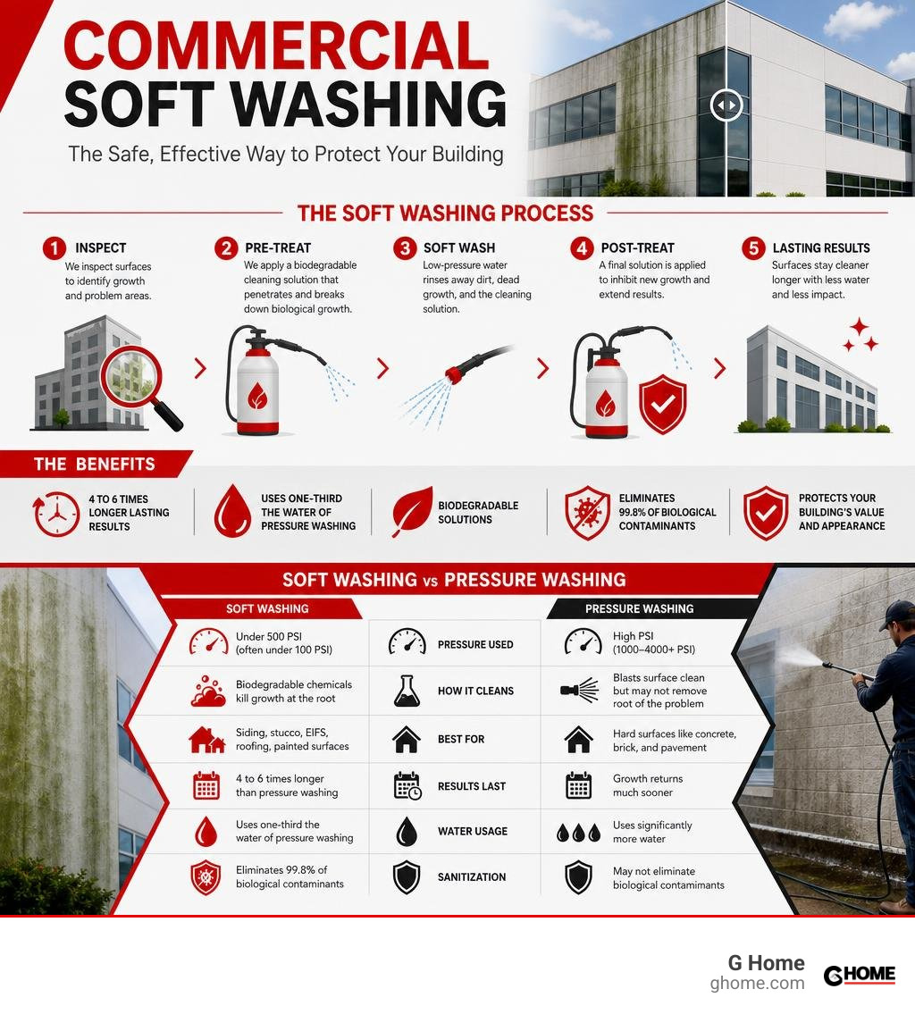 infographic explaining commercial soft washing process steps benefits and comparison to pressure washing infographic