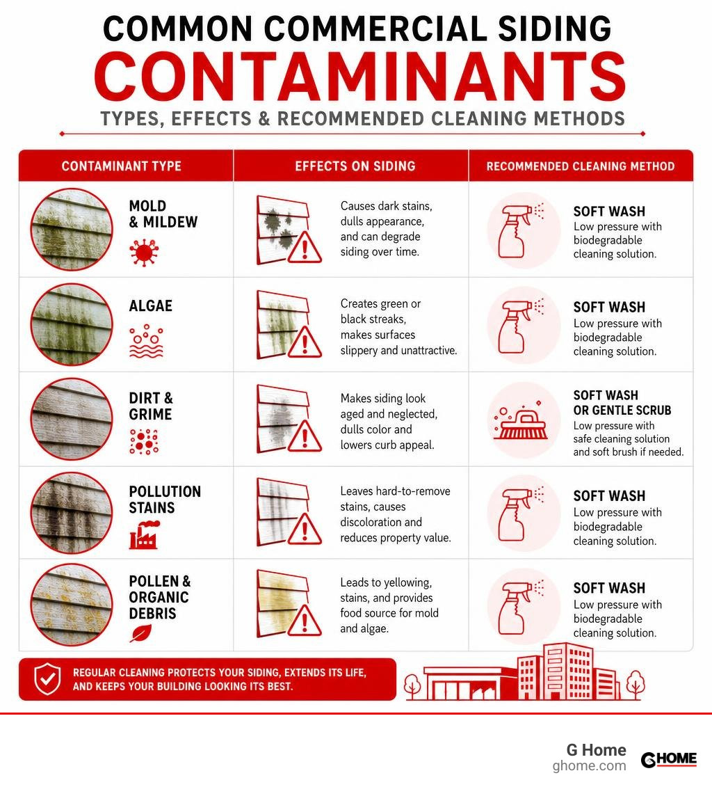 infographic showing common commercial siding contaminants types effects and recommended cleaning methods infographic