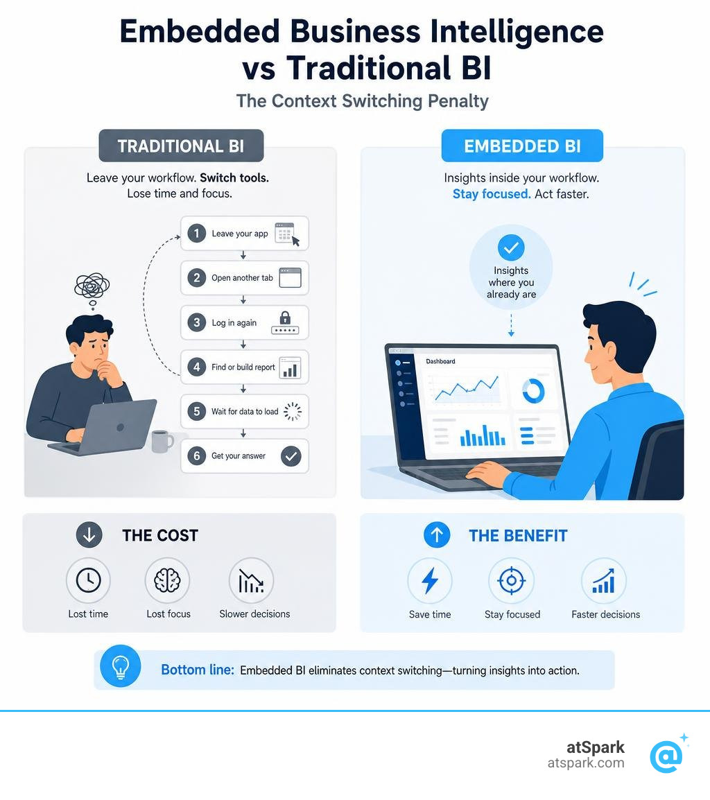 embedded business intelligence vs traditional BI context switching penalty infographic infographic