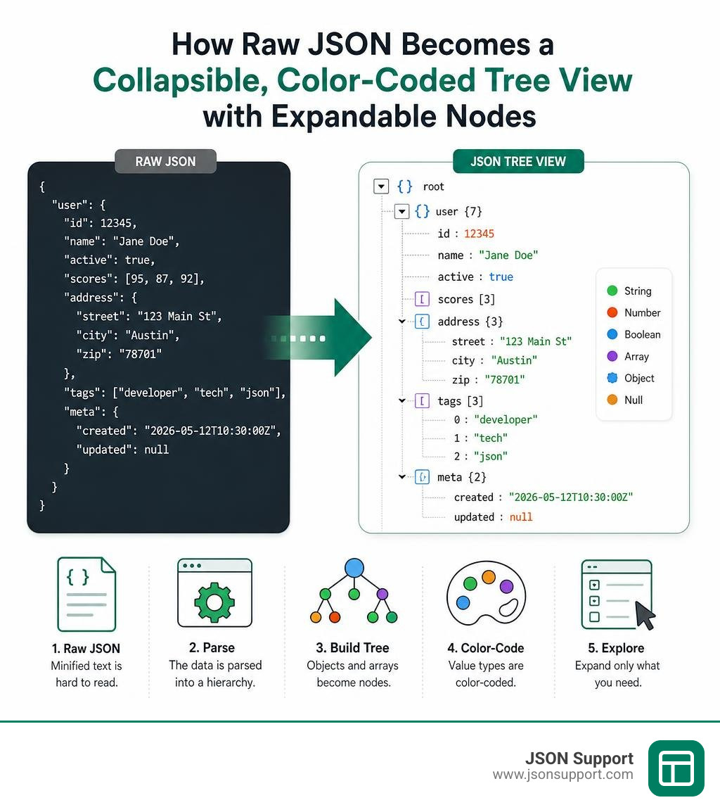 How raw JSON becomes a collapsible, color-coded tree view with expandable nodes infographic How raw JSON becomes a collapsible, color-coded tree view with expandable nodes infographic