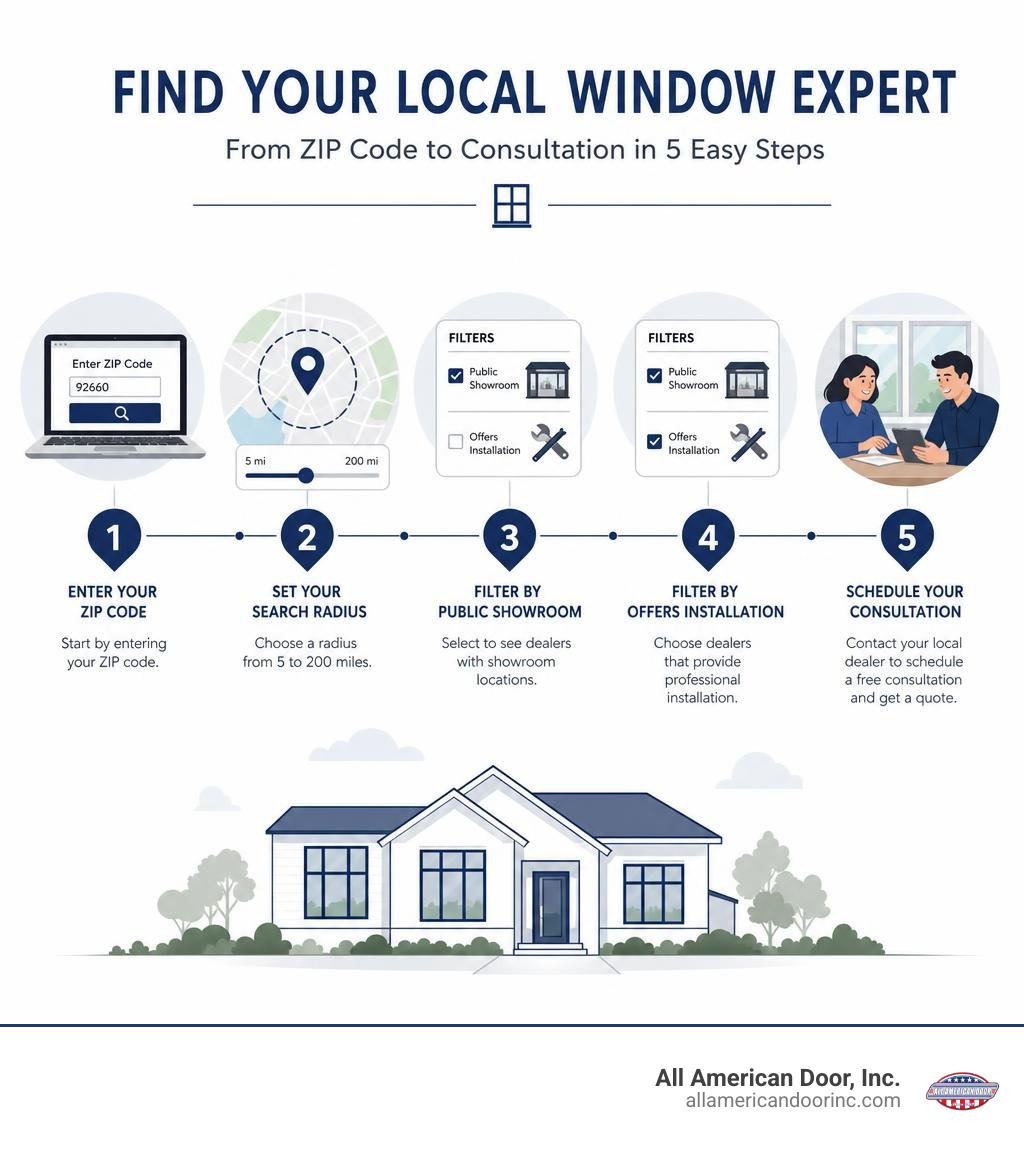 Milgard window dealer search process infographic showing steps from ZIP code to consultation infographic Milgard window dealer search process infographic showing steps from ZIP code to consultation infographic