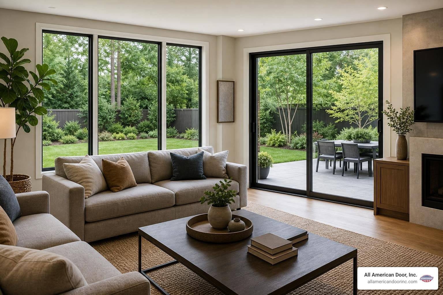 Modern living room featuring large picture windows and a sliding glass patio door Modern living room featuring large picture windows and a sliding glass patio door