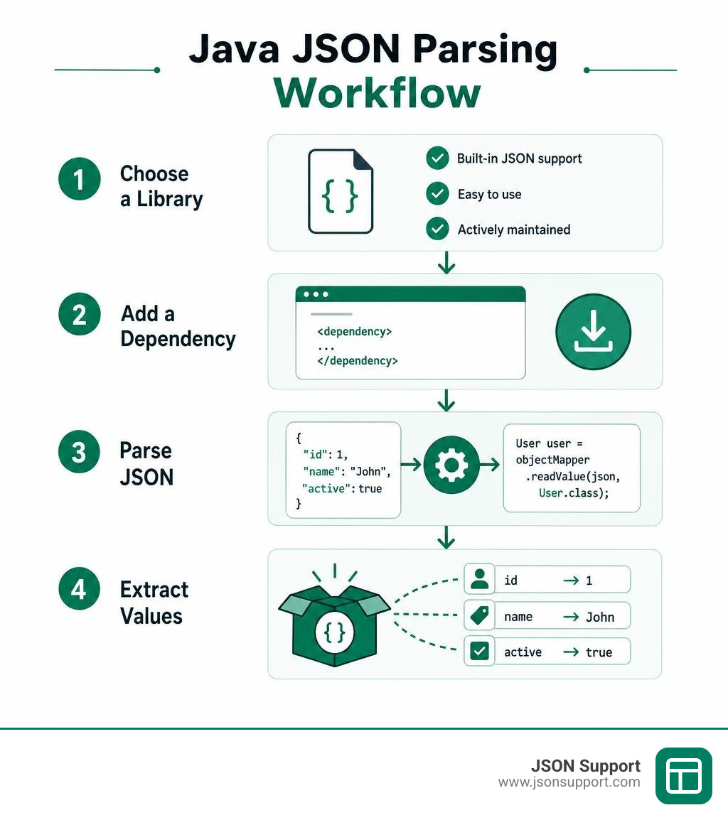 Java JSON parsing workflow: choosing a library, adding a dependency, parsing JSON, extracting values infographic Java JSON parsing workflow: choosing a library, adding a dependency, parsing JSON, extracting values infographic