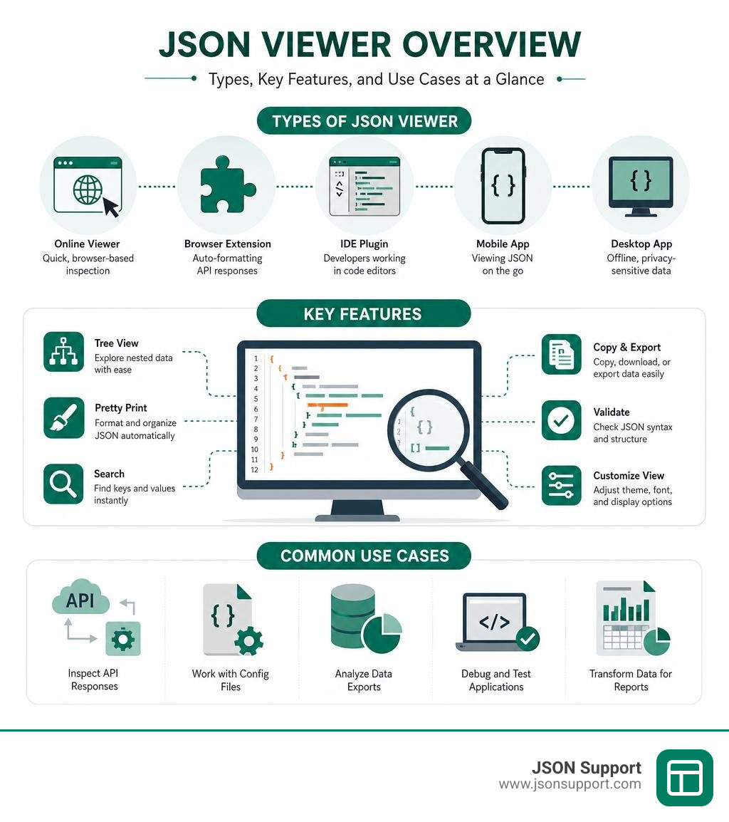 JSON viewer types, key features, and use cases overview infographic infographic JSON viewer types, key features, and use cases overview infographic infographic
