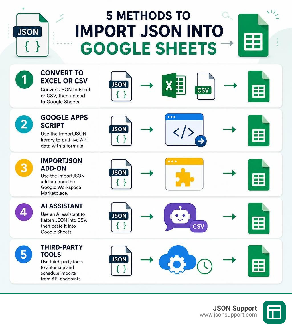 Methods to import JSON into Google Sheets: convert to Excel, Apps Script, add-on, AI assistant, third-party tools infographic