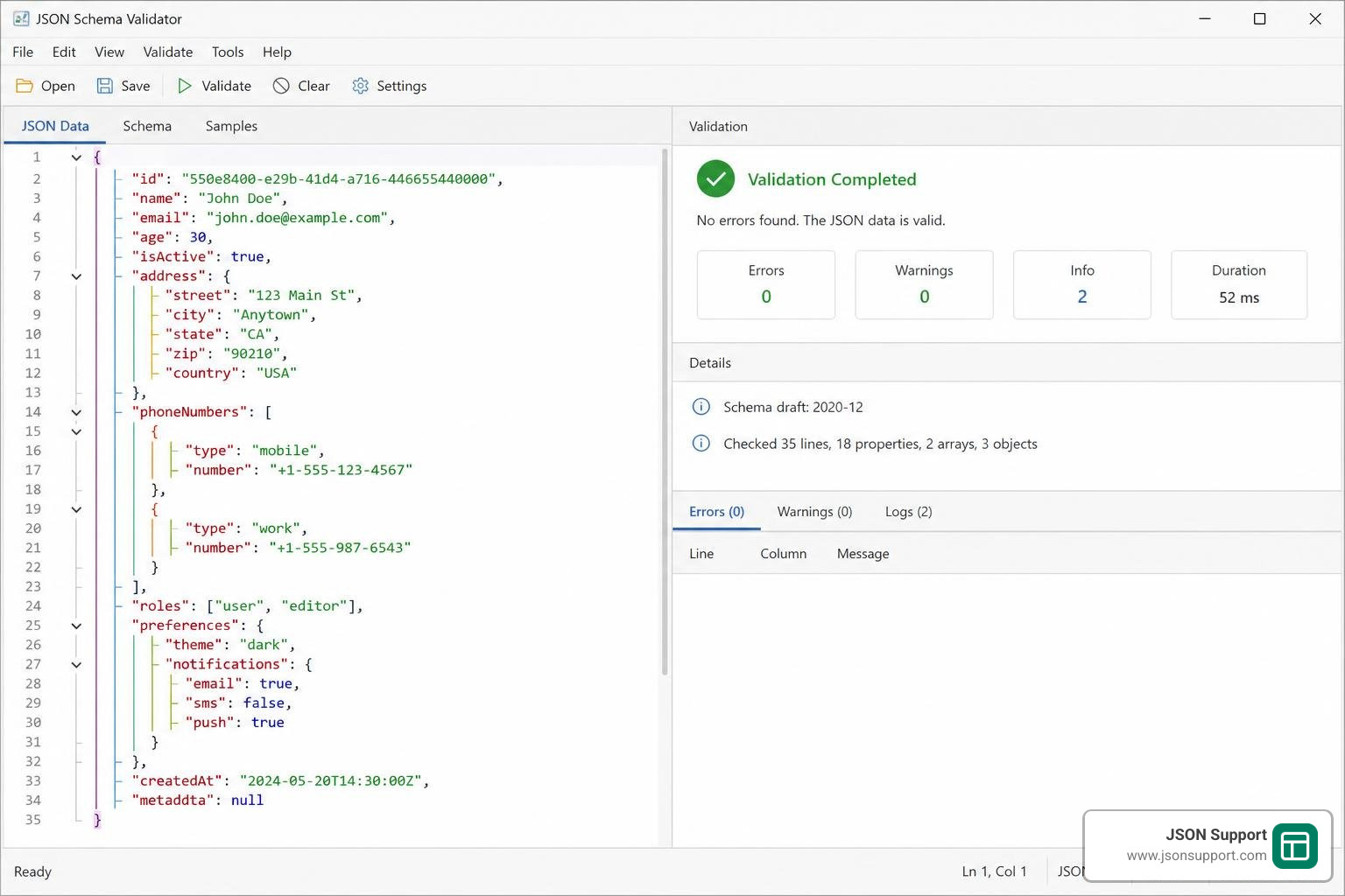 JSON schema validation interface and tree view showing syntax highlighting JSON schema validation interface and tree view showing syntax highlighting