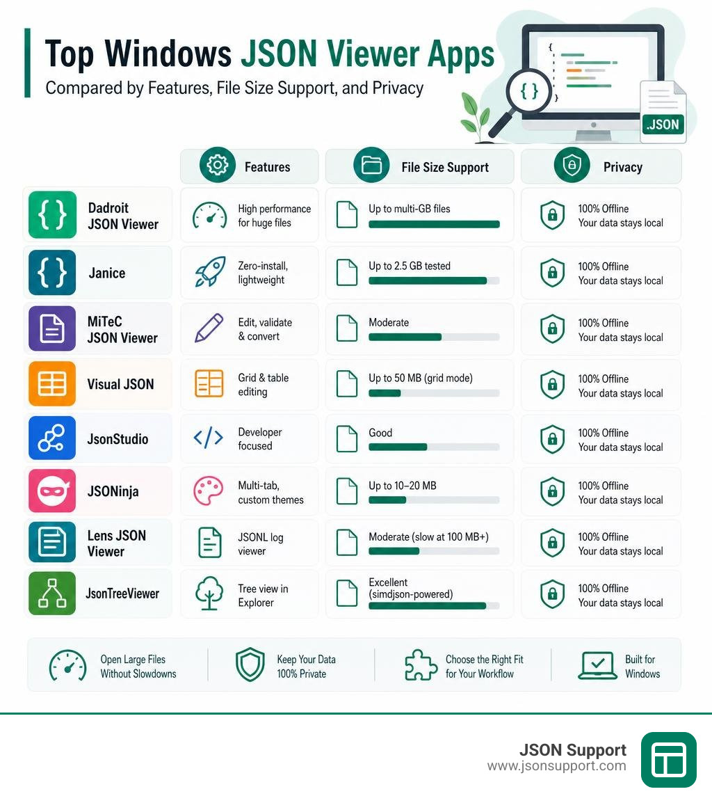 Top Windows JSON viewer apps compared by features, file size support, and privacy infographic Top Windows JSON viewer apps compared by features, file size support, and privacy infographic