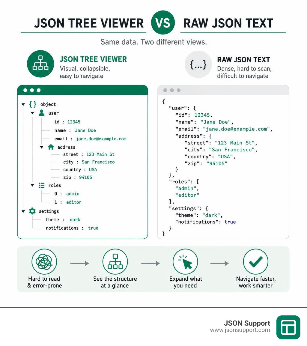 JSON tree viewer vs raw JSON text comparison infographic infographic JSON tree viewer vs raw JSON text comparison infographic infographic